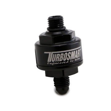 Turbosmart Billet Turbo Oil Feed Filter with 44 micron pleated disk stainless steel washable screen filter.  AN-4 male to AN-4 ORB- Black