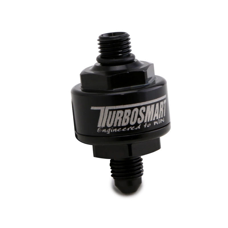 Turbosmart Billet Turbo Oil Feed Filter with 44 micron pleated disk stainless steel washable screen filter.  AN-4 male to AN-4 ORB- Black