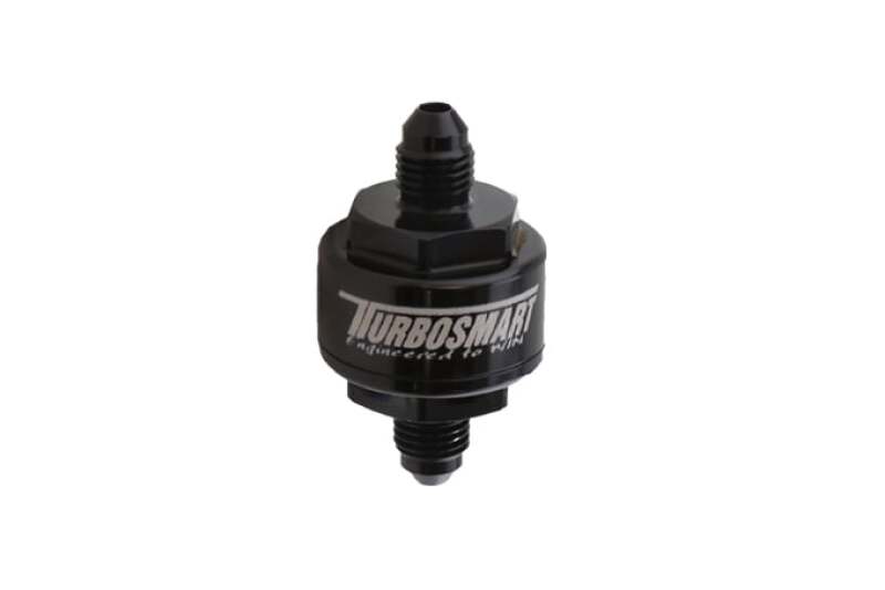 Turbosmart Billet Turbo Oil Feed Filter with 44 micron pleated disk stainless steel washable screen filter.  AN-3 male inlet and outlet - Black
